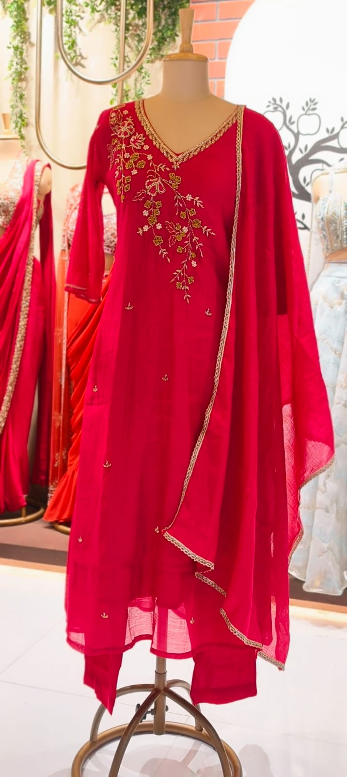 Elegant Zardosi Cut-Dana Embroidery Work A-Line Surat Mul-Chanderi Full Suit Set With Dupatta- 15297