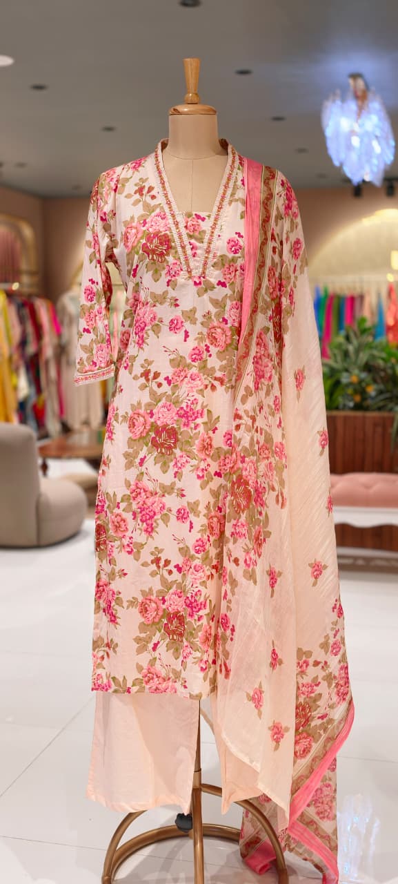 Scattered Beautiful Floral Print Summer Friendly Cotton Full Suit Set With Dupatta- 15302
