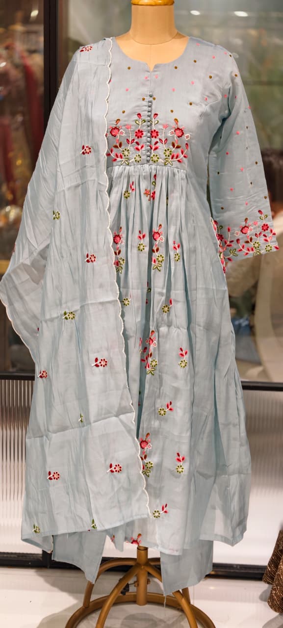 Graceful Hand-Embroidered Surat Mul-Chanderi A-Line Full Suit Set with Scalloped Dupatta- 15124