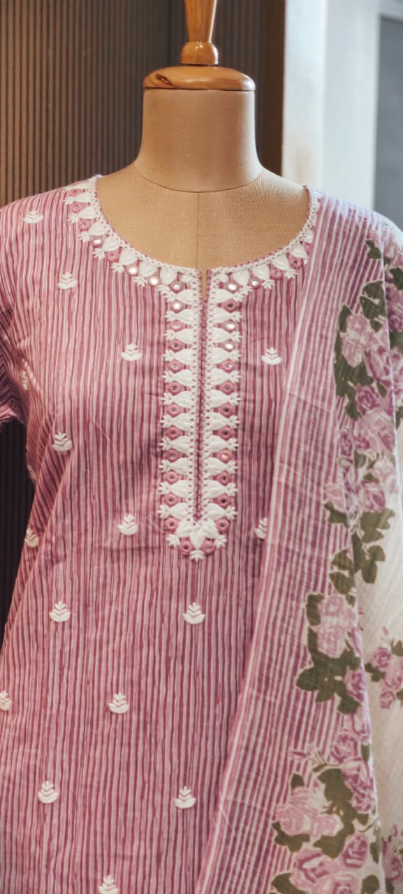 Timeless Striped Cotton Full Suit with Matching Plain Bottom and Floral Dupatta Set- 15170