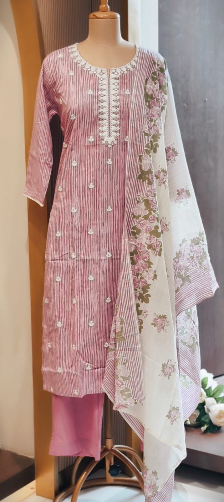 Timeless Striped Cotton Full Suit with Matching Plain Bottom and Floral Dupatta Set- 15170