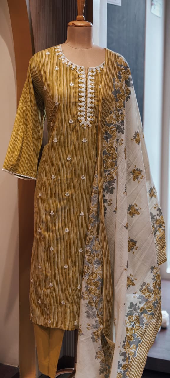 Timeless Striped Cotton Full Suit with Matching Plain Bottom and Floral Dupatta Set- 15170