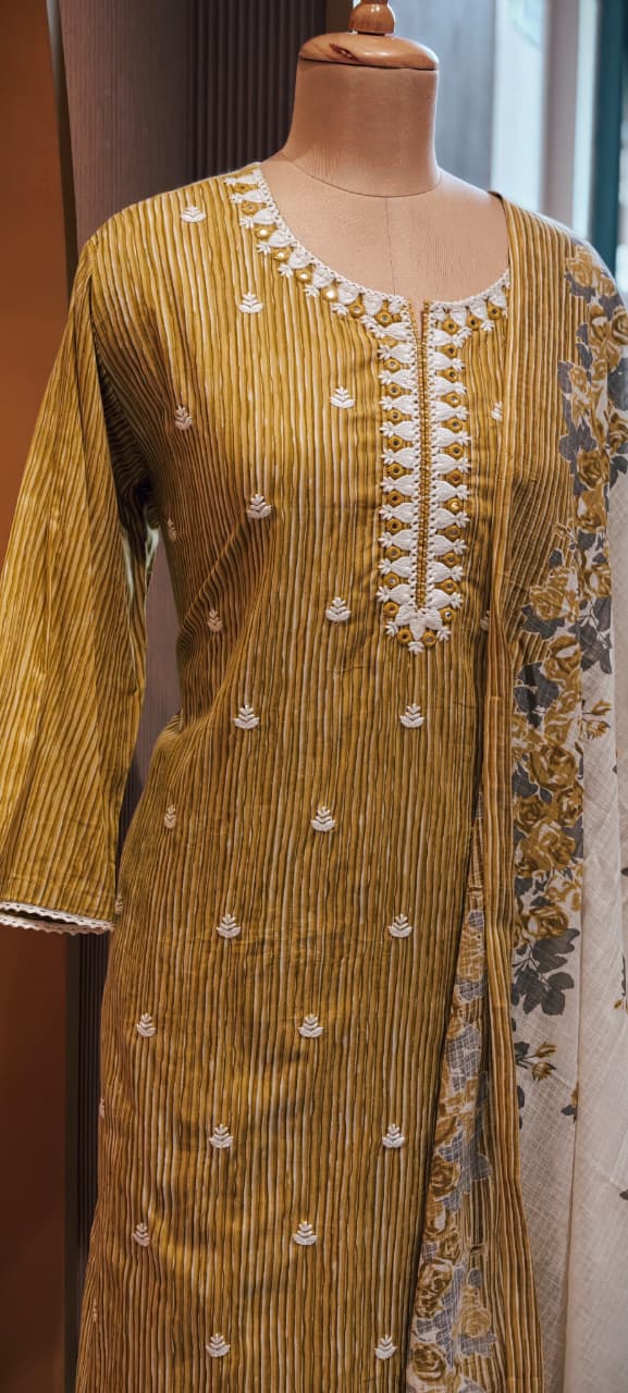 Timeless Striped Cotton Full Suit with Matching Plain Bottom and Floral Dupatta Set- 15170