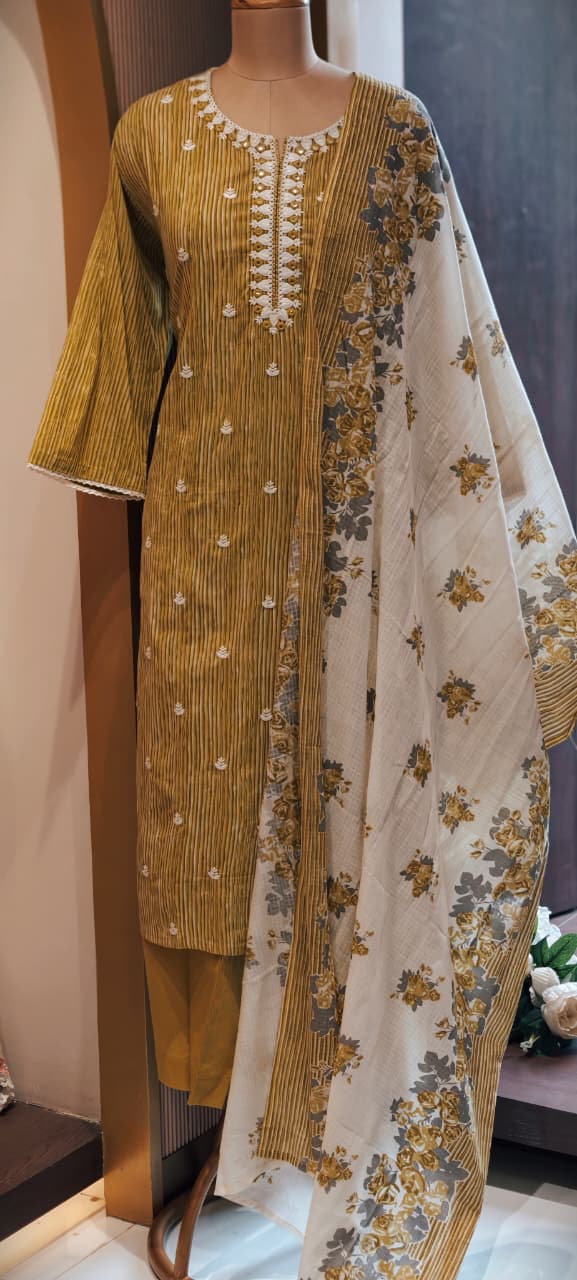 Timeless Striped Cotton Full Suit with Matching Plain Bottom and Floral Dupatta Set- 15170