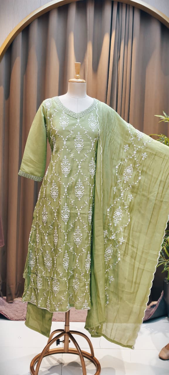 Patterned Thread Embroidery Foil Touch Neckline Surat Mul Chanderi Straight Full Suit Set With Dupatta- 15296
