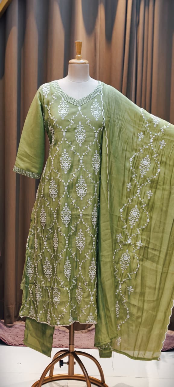 Patterned Thread Embroidery Foil Touch Neckline Surat Mul Chanderi Straight Full Suit Set With Dupatta- 15296