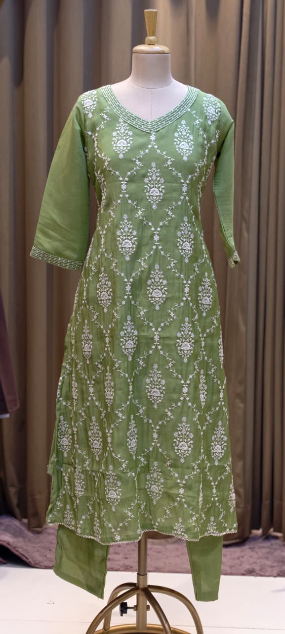 Patterned Thread Embroidery Foil Touch Neckline Surat Mul Chanderi Straight Full Suit Set With Dupatta- 15296