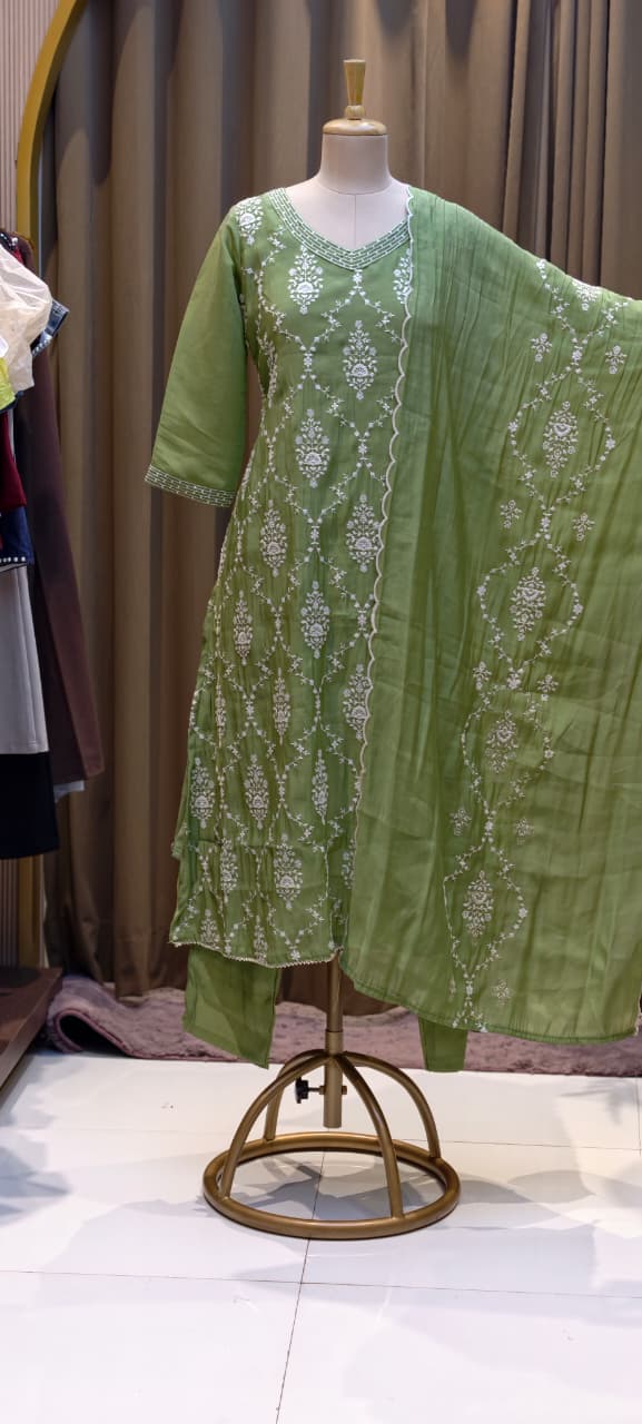 Patterned Thread Embroidery Foil Touch Neckline Surat Mul Chanderi Straight Full Suit Set With Dupatta- 15296