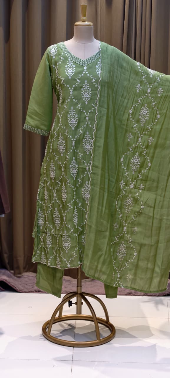 Patterned Thread Embroidery Foil Touch Neckline Surat Mul Chanderi Straight Full Suit Set With Dupatta- 15296