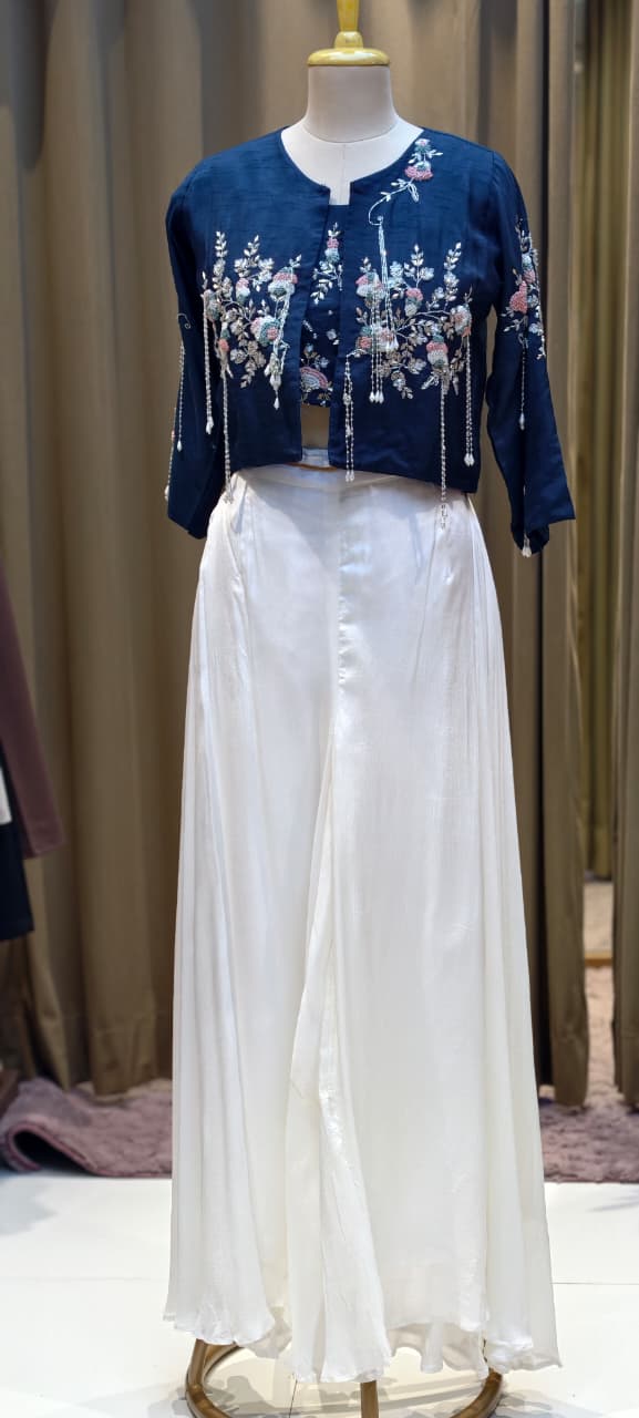 Elegant Tasseled Designer Hand Embroidered Buster With Crop Jacket & Flare Bottom Indo Wear- 12693