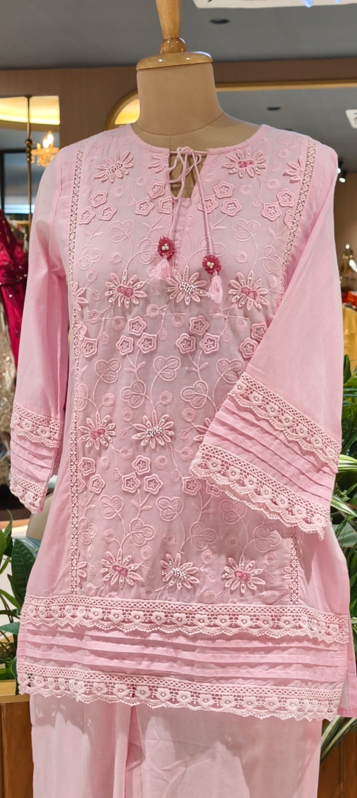 Ivory Blossom Hacoba Thread Embroidery With Lace Detailing Cotton Co-Ord Set- 15304