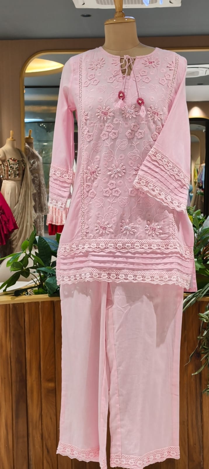 Ivory Blossom Hacoba Thread Embroidery With Lace Detailing Cotton Co-Ord Set- 15304