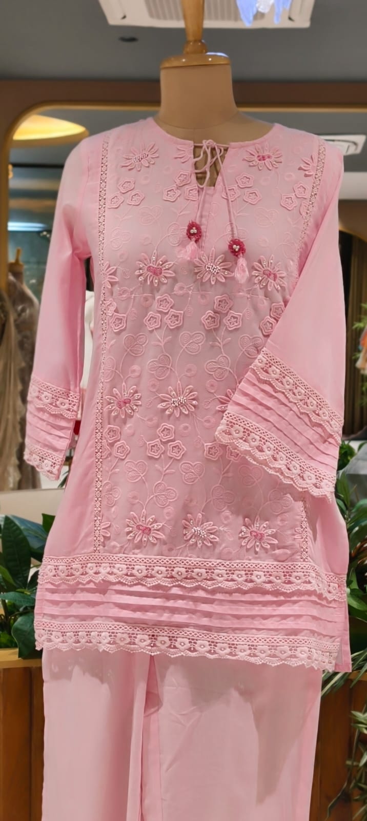 Ivory Blossom Hacoba Thread Embroidery With Lace Detailing Cotton Co-Ord Set- 15304