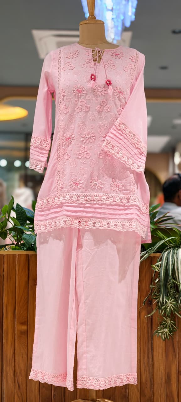 Ivory Blossom Hacoba Thread Embroidery With Lace Detailing Cotton Co-Ord Set- 15304