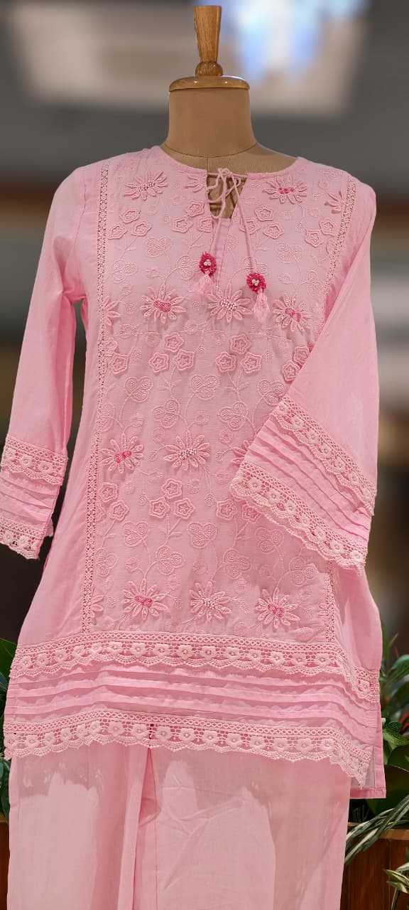 Ivory Blossom Hacoba Thread Embroidery With Lace Detailing Cotton Co-Ord Set- 15304