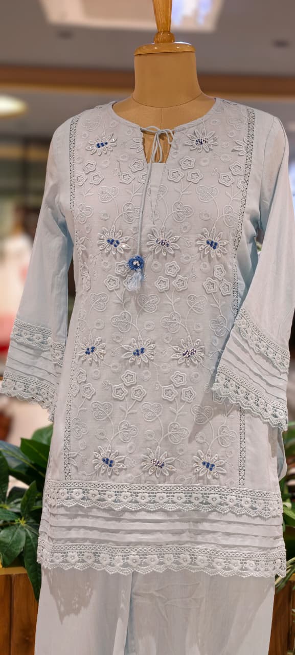 Ivory Blossom Hacoba Thread Embroidery With Lace Detailing Cotton Co-Ord Set- 15304