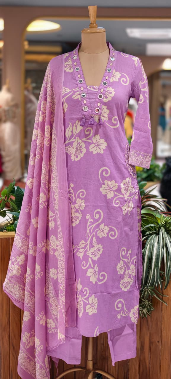 Ivory Blossom Elegance Noor Floral Printed Charm Cotton Full Suit Set With Dupatta- 15358