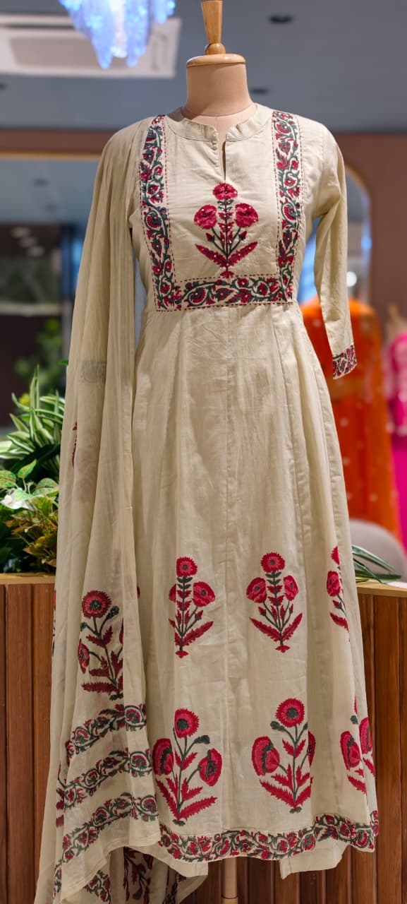 Floral Ensemble Block-Print A-Line Full Suit Set with Dupatta In Cotton Fabric- 15387