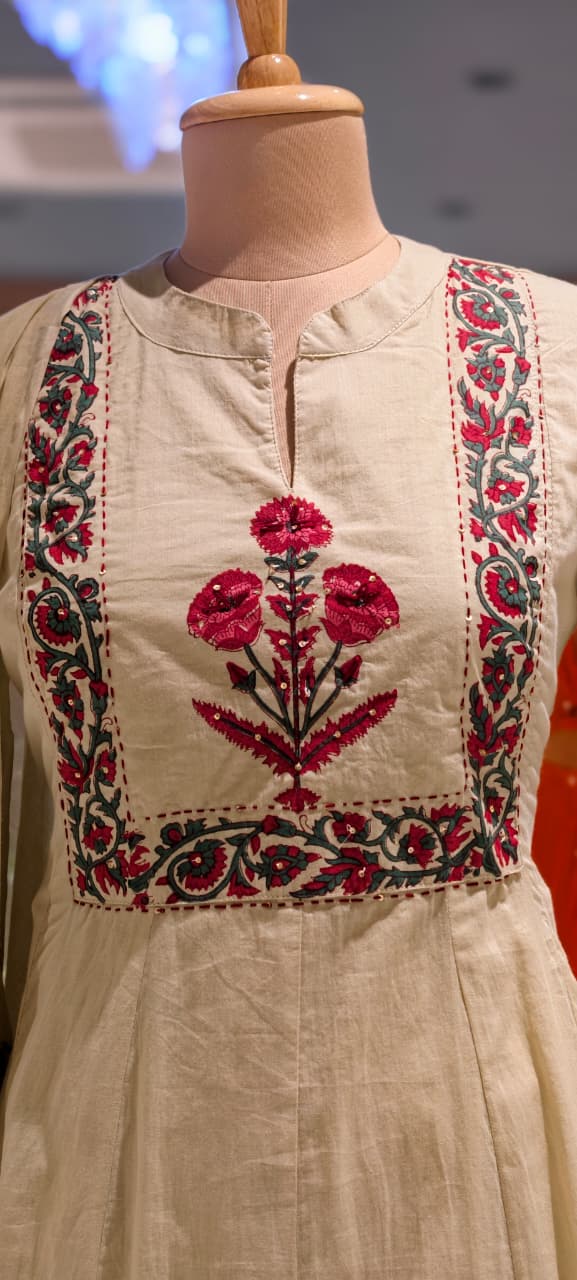Floral Ensemble Block-Print A-Line Full Suit Set with Dupatta In Cotton Fabric- 15387