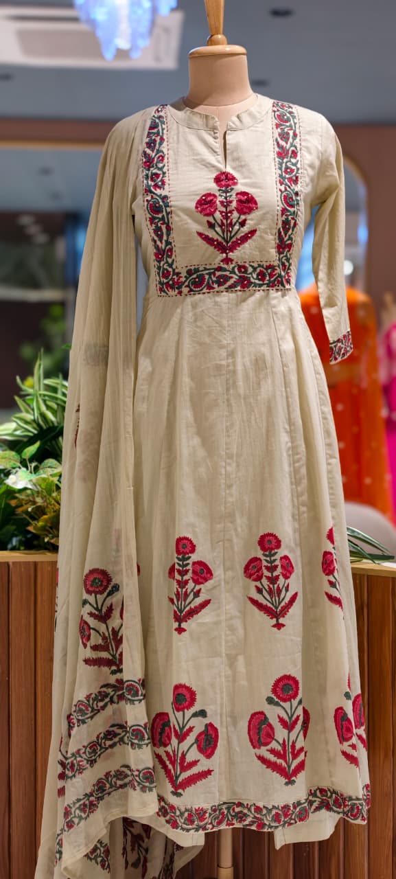 Floral Ensemble Block-Print A-Line Full Suit Set with Dupatta In Cotton Fabric- 15387
