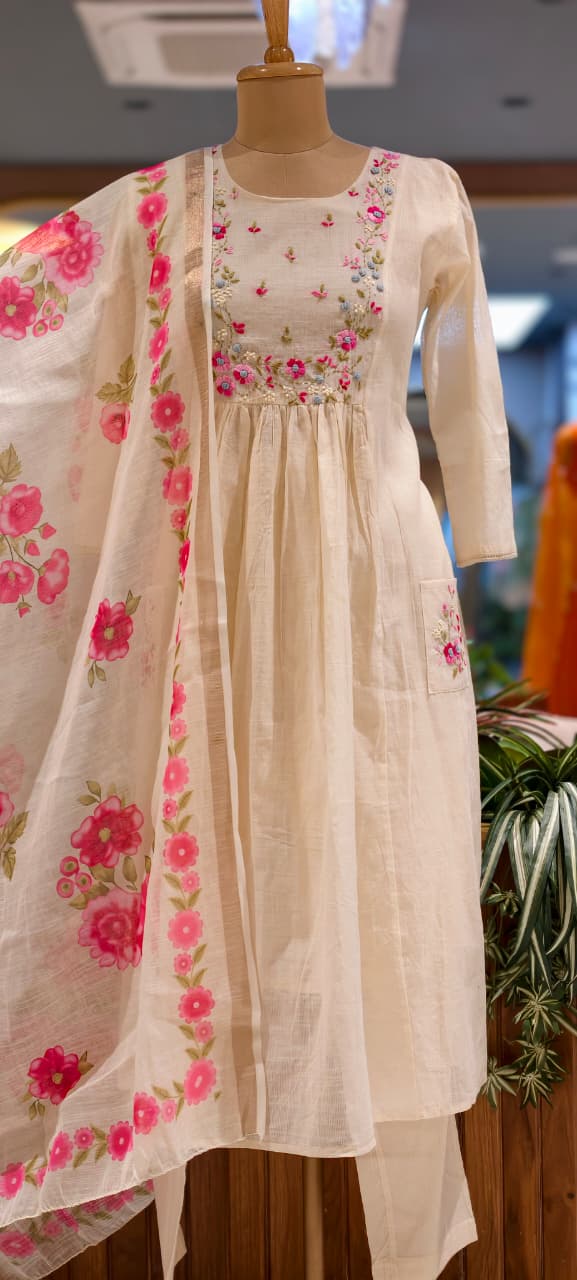 Ivory Floral Embroidered Gathered A-Line Kora Cotton Full Suit Set With Dupatta & Pocket- 14689