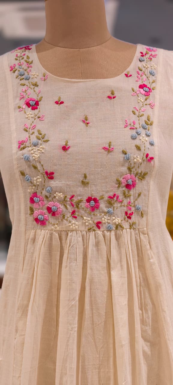 Ivory Floral Embroidered Gathered A-Line Kora Cotton Full Suit Set With Dupatta & Pocket- 14689