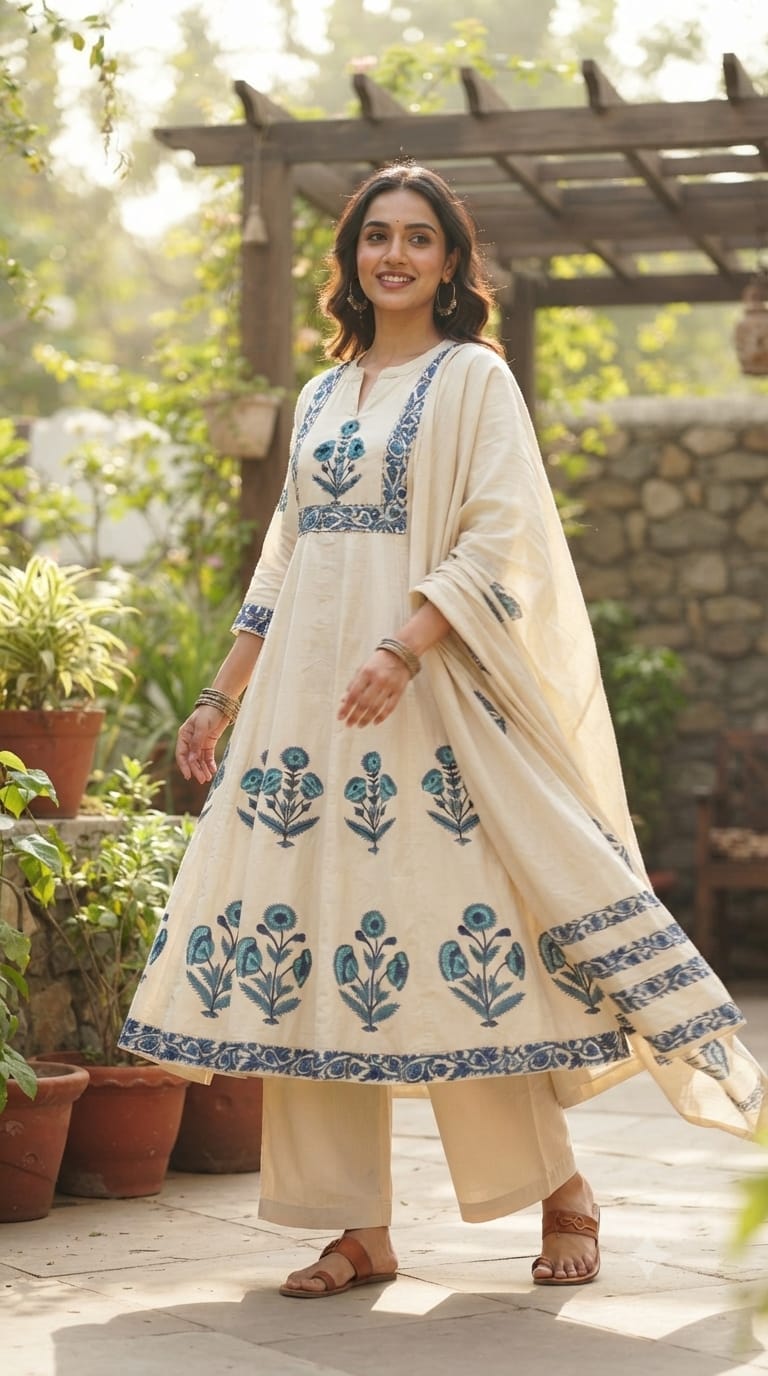 Floral Ensemble Block-Print A-Line Full Suit Set with Dupatta In Cotton Fabric- 15387