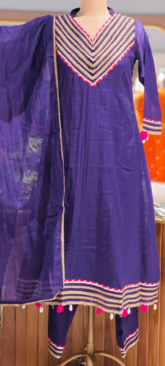 Festive Gota Patti A-Line Mul-Chanderi Full Suit Set with Scalloped Dupatta & Pom Pom Tassel- 15394