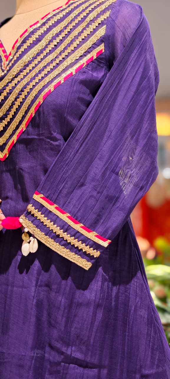 Festive Gota Patti A-Line Mul-Chanderi Full Suit Set with Scalloped Dupatta & Pom Pom Tassel- 15394