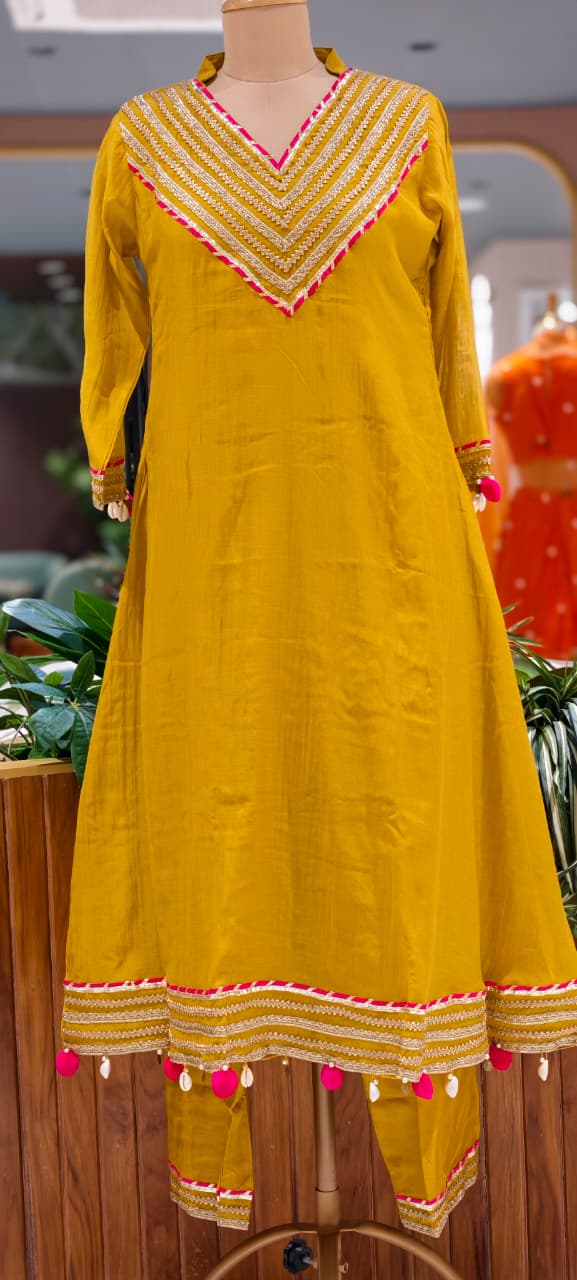 Festive Gota Patti A-Line Mul-Chanderi Full Suit Set with Scalloped Dupatta & Pom Pom Tassel- 15394