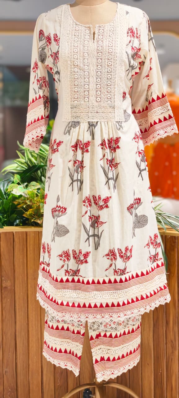 Floral Printed Cotton Set Elegant A-Line Froral Lace Yoke Naira Cut Styal Full Suit Set-15407