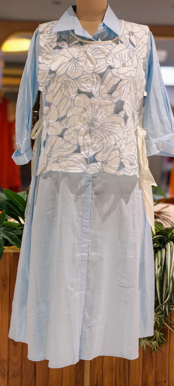 Glaze Cotton Midi Dress with Detachable Floral Cutwork Layer & Side Tie Knot- 15401