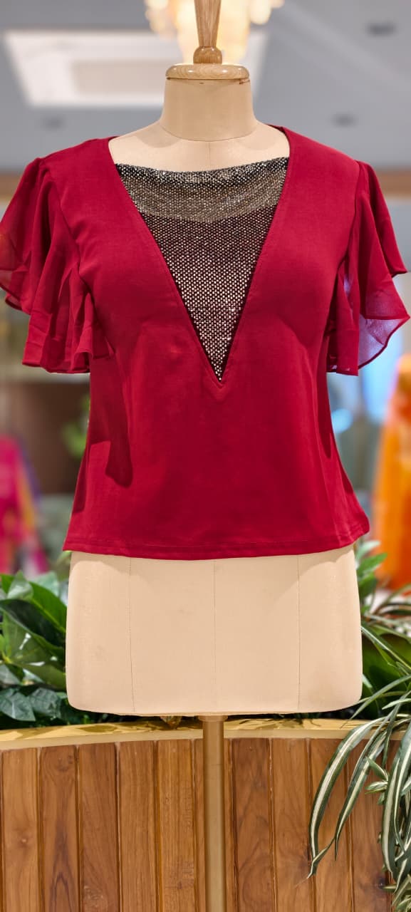 Glamour Studded V-Neck Imported Top With Flutter Sleeve- 15229