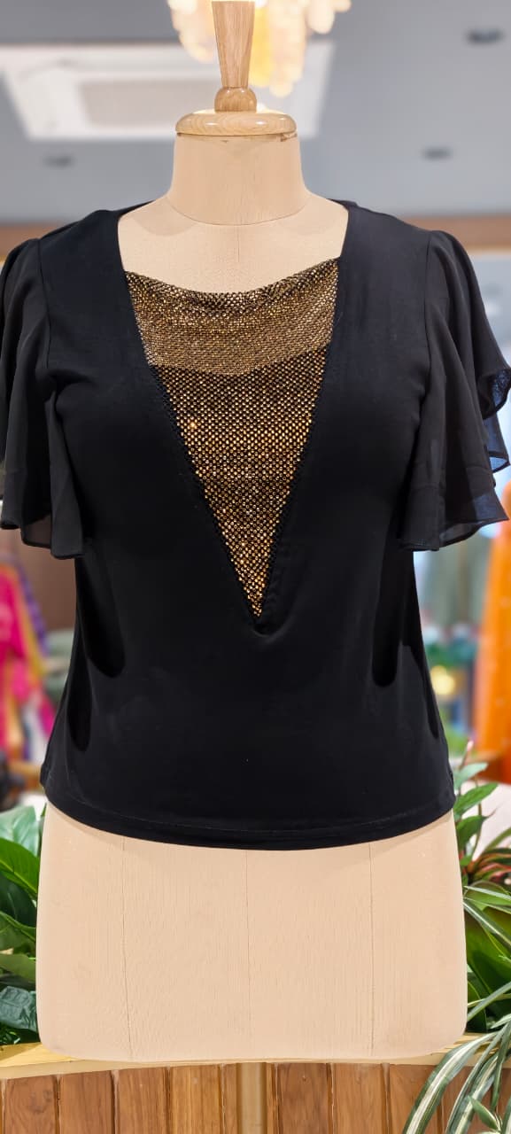 Glamour Studded V-Neck Imported Top With Flutter Sleeve- 15229