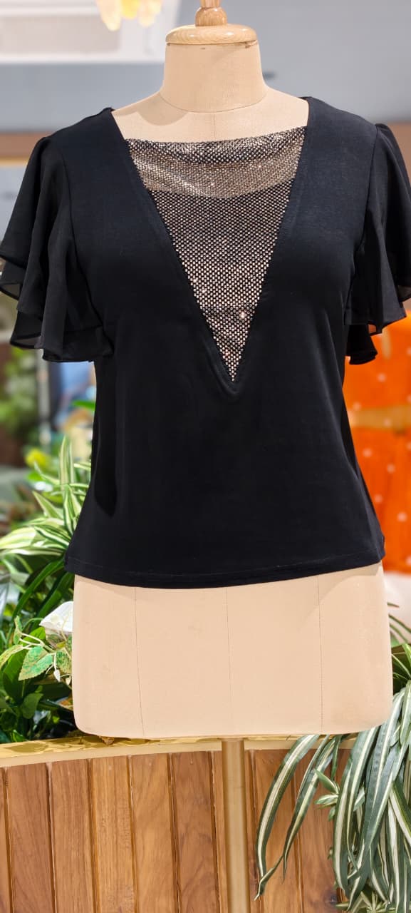 Glamour Studded V-Neck Imported Top With Flutter Sleeve- 15229