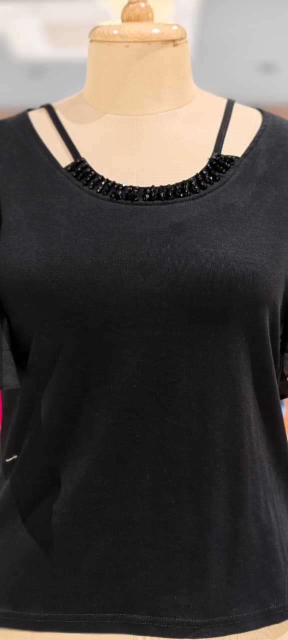 Elegant Flutter Sleeve Embellished Solid Imported Top- 15229