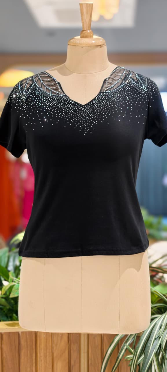 Leavy Netted Shoulder Glitter Scatter Imported Western Top- 15229