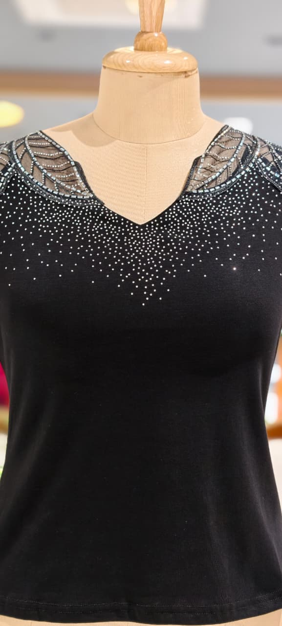 Leavy Netted Shoulder Glitter Scatter Imported Western Top- 15229