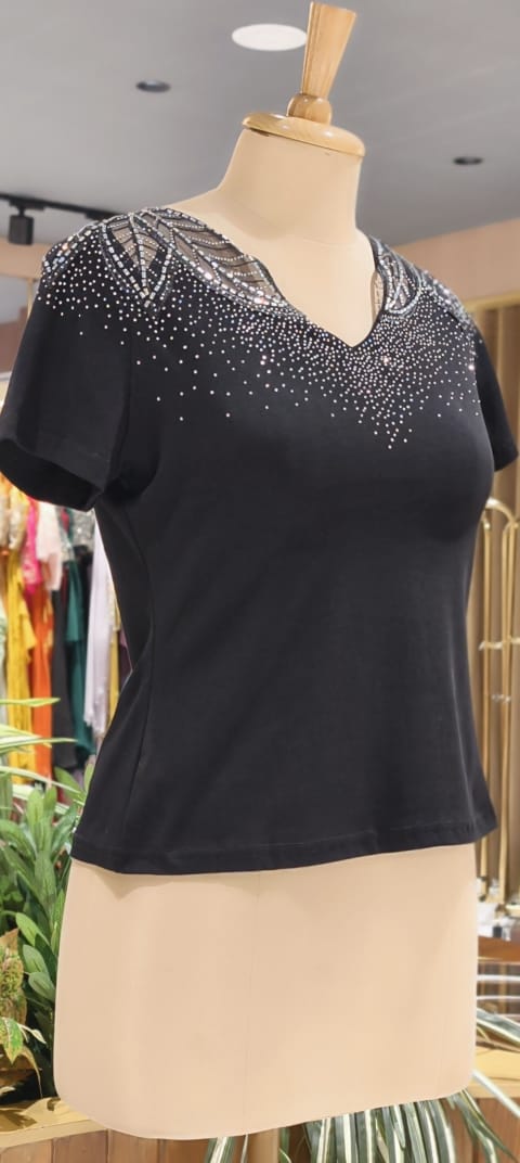 Leavy Netted Shoulder Glitter Scatter Imported Western Top- 15229