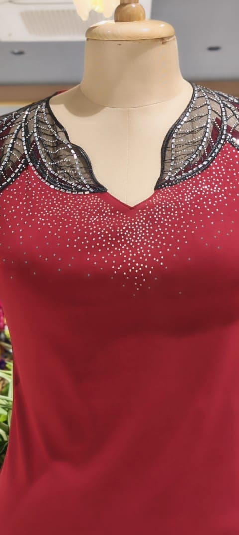 Leavy Netted Shoulder Glitter Scatter Imported Western Top- 15229