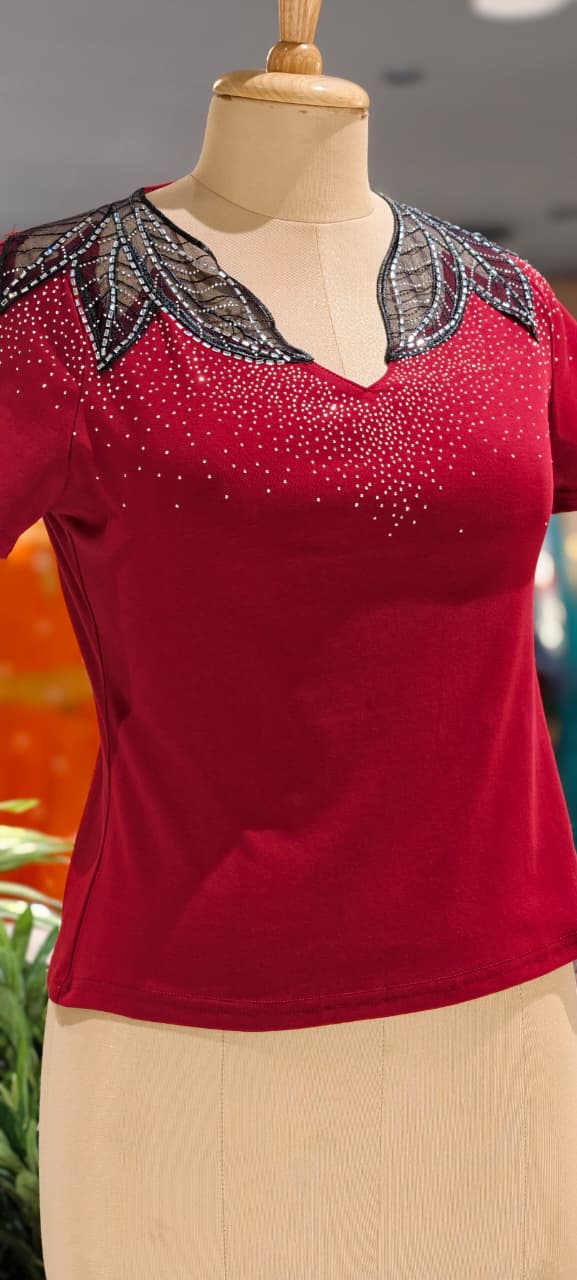 Leavy Netted Shoulder Glitter Scatter Imported Western Top- 15229