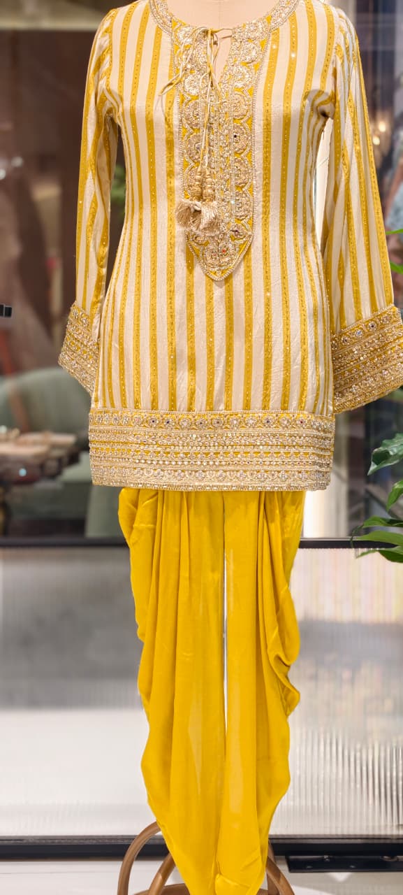 Striped Zardosi Yoke Full Suit Set with Draped Tulip Pants and Embellished Dupatta- 15306