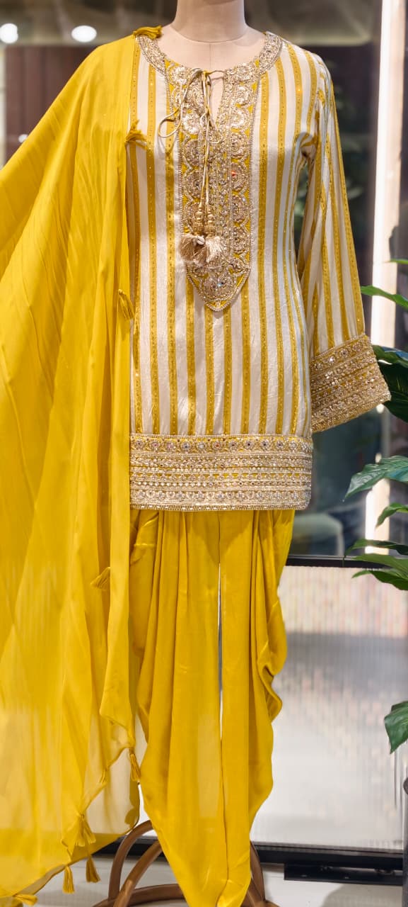 Striped Zardosi Yoke Full Suit Set with Draped Tulip Pants and Embellished Dupatta- 15306