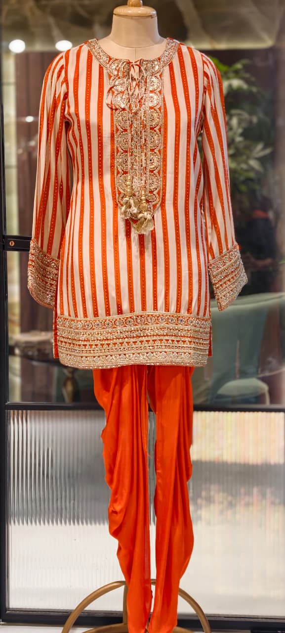 Striped Zardosi Yoke Full Suit Set with Draped Tulip Pants and Embellished Dupatta- 15306