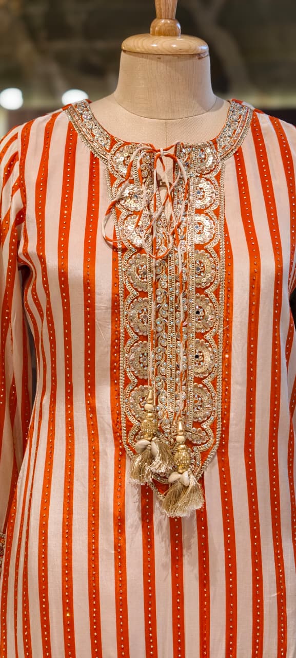 Striped Zardosi Yoke Full Suit Set with Draped Tulip Pants and Embellished Dupatta- 15306