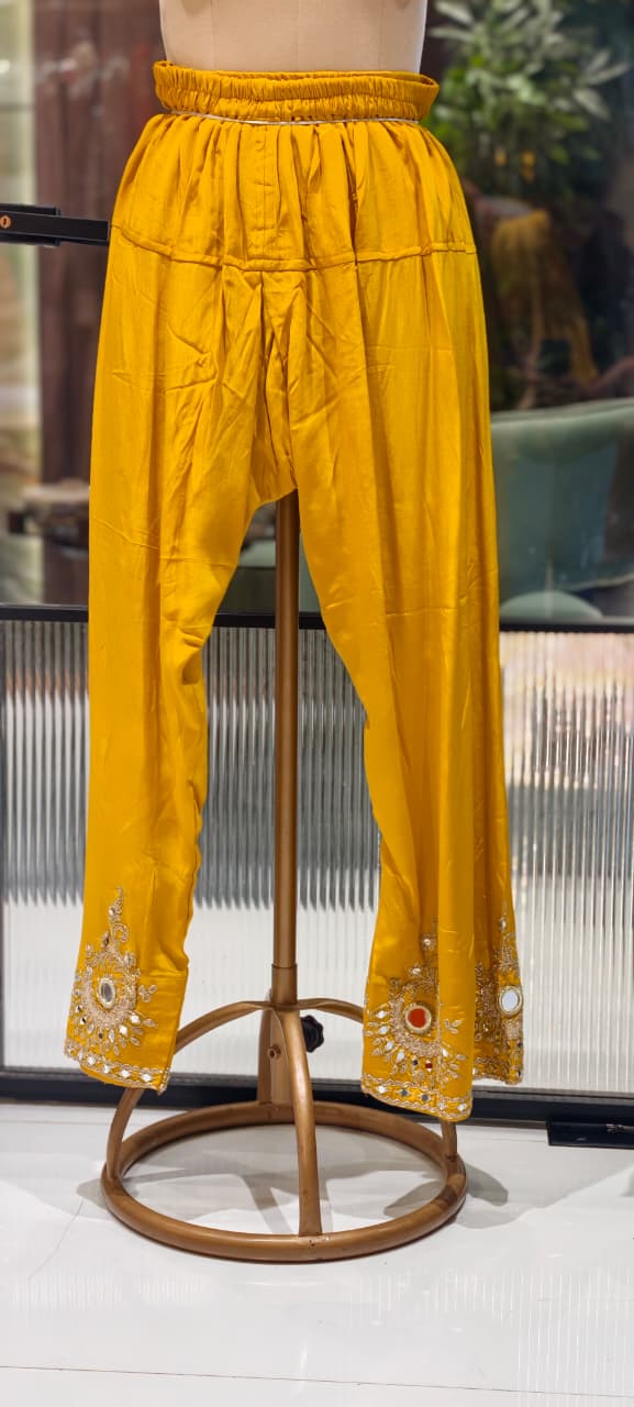 Mustard Yellow Bandhani Print Peplum Style Party Wear Full Suit Set with Mirror Work- 14395