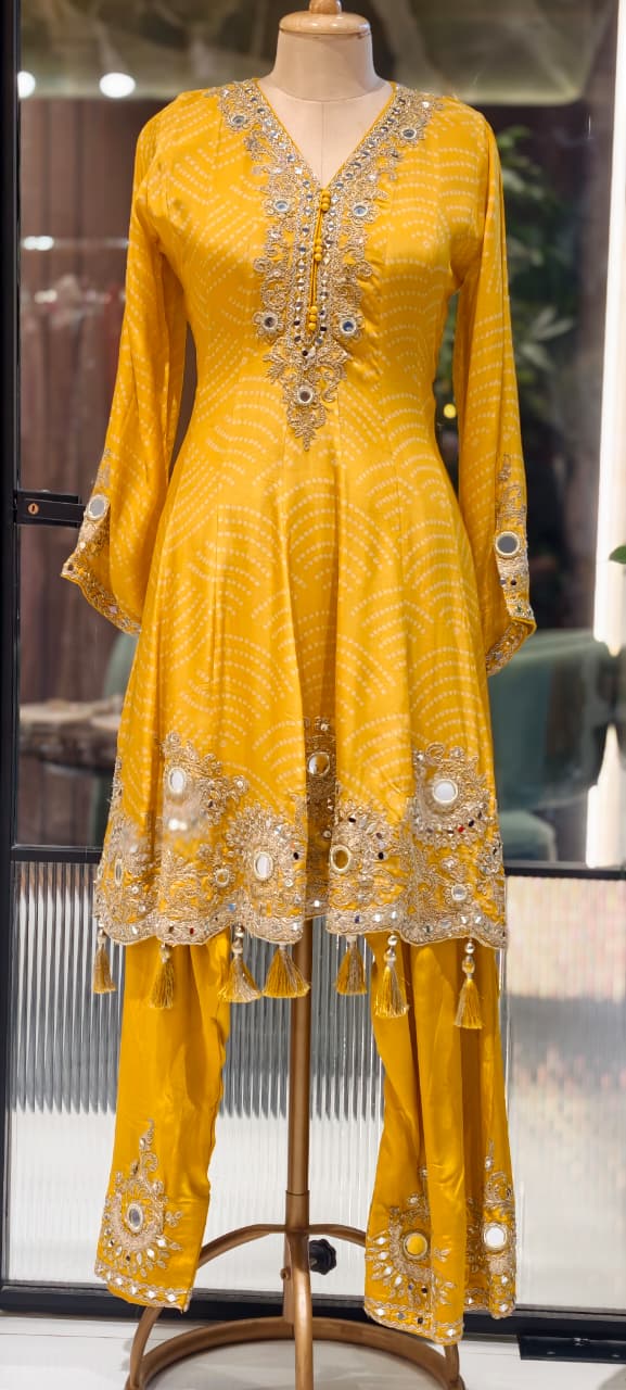 Mustard Yellow Bandhani Print Peplum Style Party Wear Full Suit Set with Mirror Work- 14395