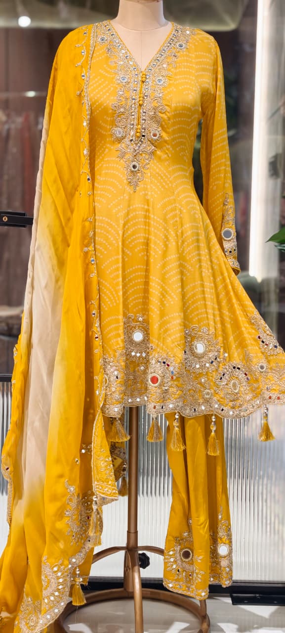Mustard Yellow Bandhani Print Peplum Style Party Wear Full Suit Set with Mirror Work- 14395