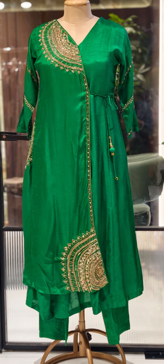 Half Phased Embroidered Angrakha Style A-Line Russian Silk Full Suit Set with Dupatta- 15324