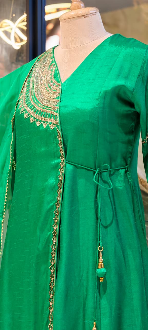 Half Phased Embroidered Angrakha Style A-Line Russian Silk Full Suit Set with Dupatta- 15324